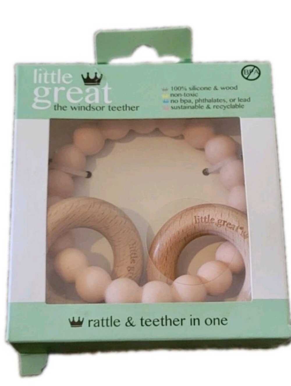 Little Great The Windsor Teether Rattle & Teether In One Silicone & Wood Natural